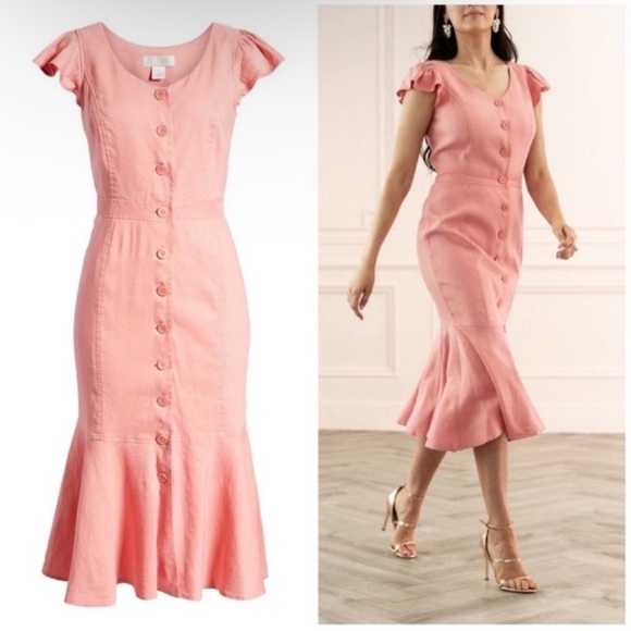 NWT Rachel Parcell Midi Dress Size XXL Pink Linen Blend Ruffled Button Down - Picture 2 of 9